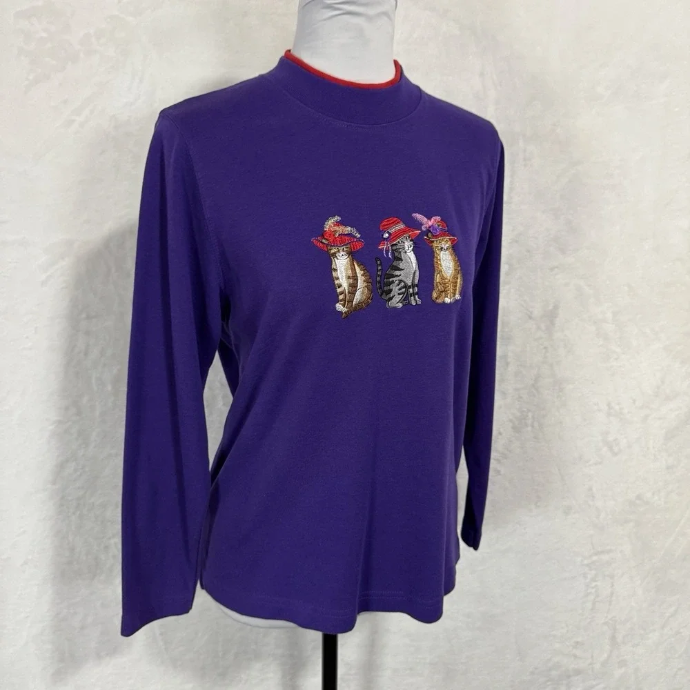 Vintage Cat Lady Mock Neck Sweatshirt Top Size M Crop Purple Red Hat Society 90s - Picture 4 of 13